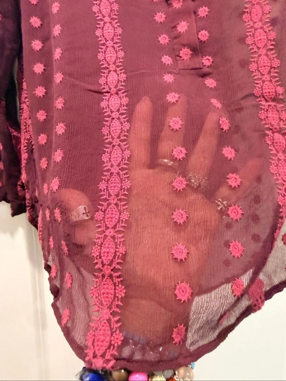Zoa New York Silk Sheer Embroidered Blouse Burgundy Red Dot Boho Sz L